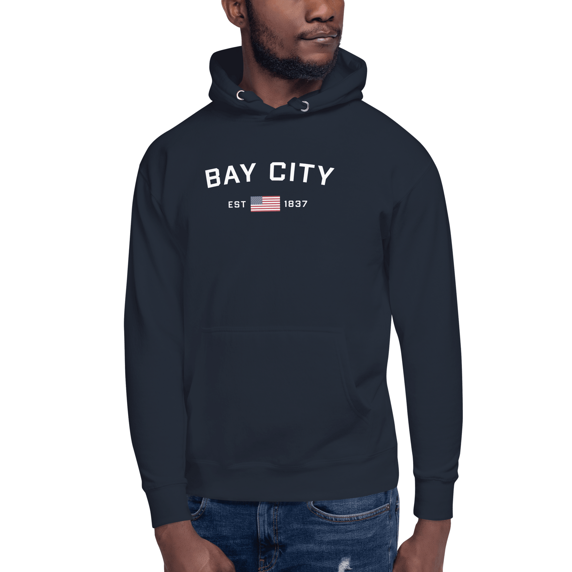 'Bay City EST 1837' Hoodie (w/ USA Flag Outline) | Unisex Premium - Circumspice Michigan