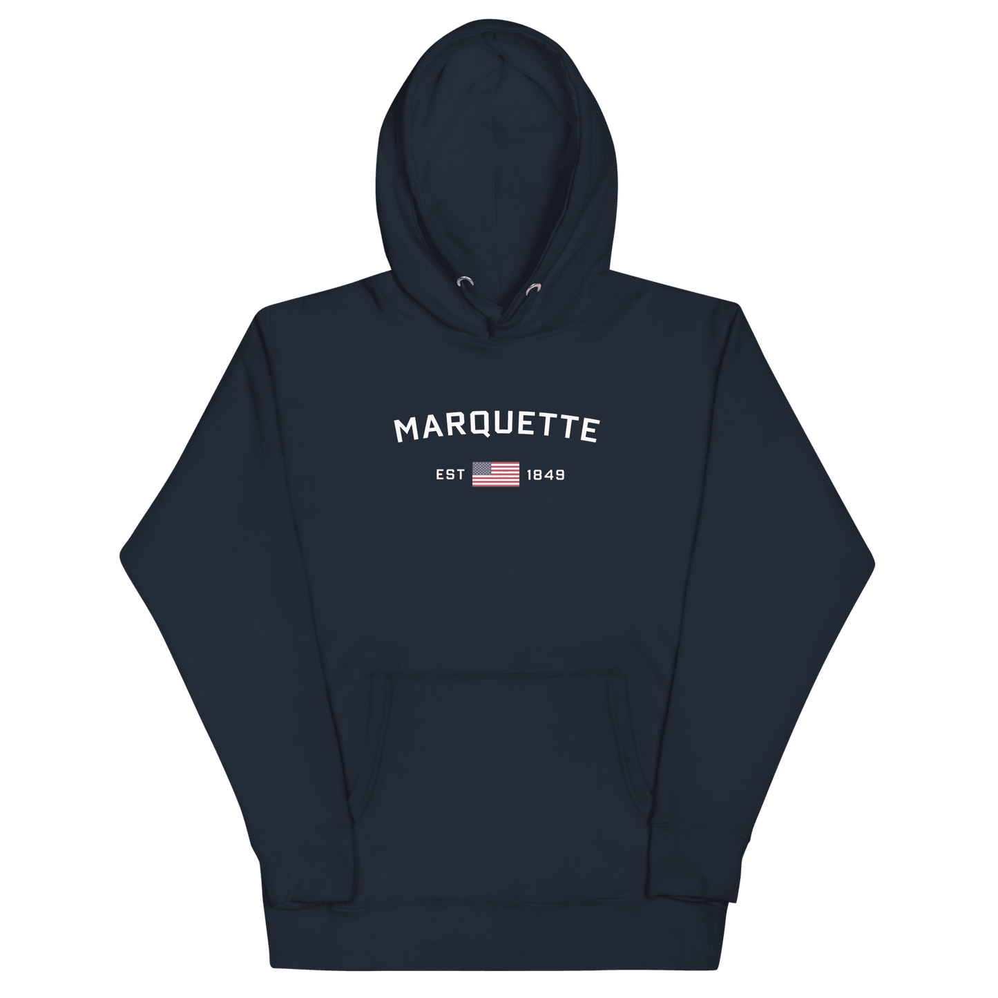 'Marquette EST 1849' Hoodie (w/ USA Flag Outline) | Unisex Premium - Circumspice Michigan