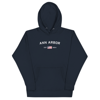 'Ann Arbor EST 1824' Hoodie (w/ USA Flag Outline) | Unisex Premium - Circumspice Michigan