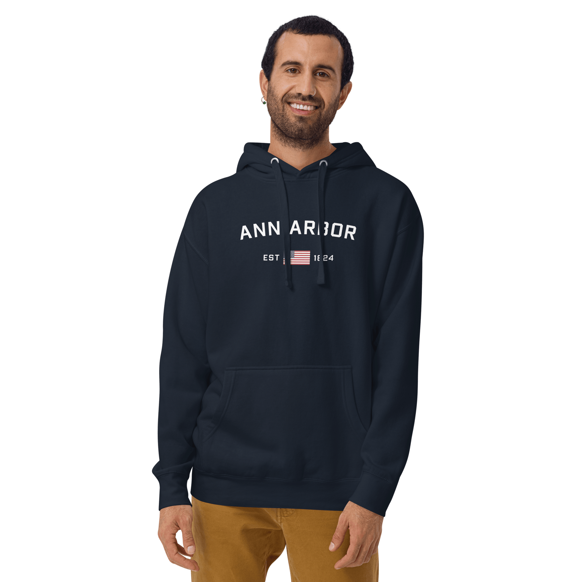 'Ann Arbor EST 1824' Hoodie (w/ USA Flag Outline) | Unisex Premium - Circumspice Michigan