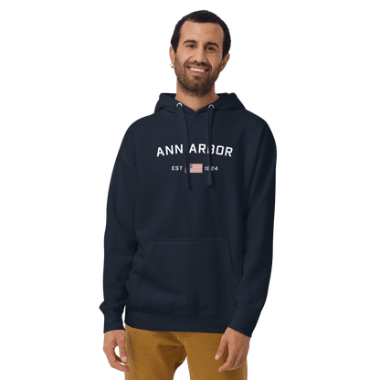 'Ann Arbor EST 1824' Hoodie (w/ USA Flag Outline) | Unisex Premium - Circumspice Michigan