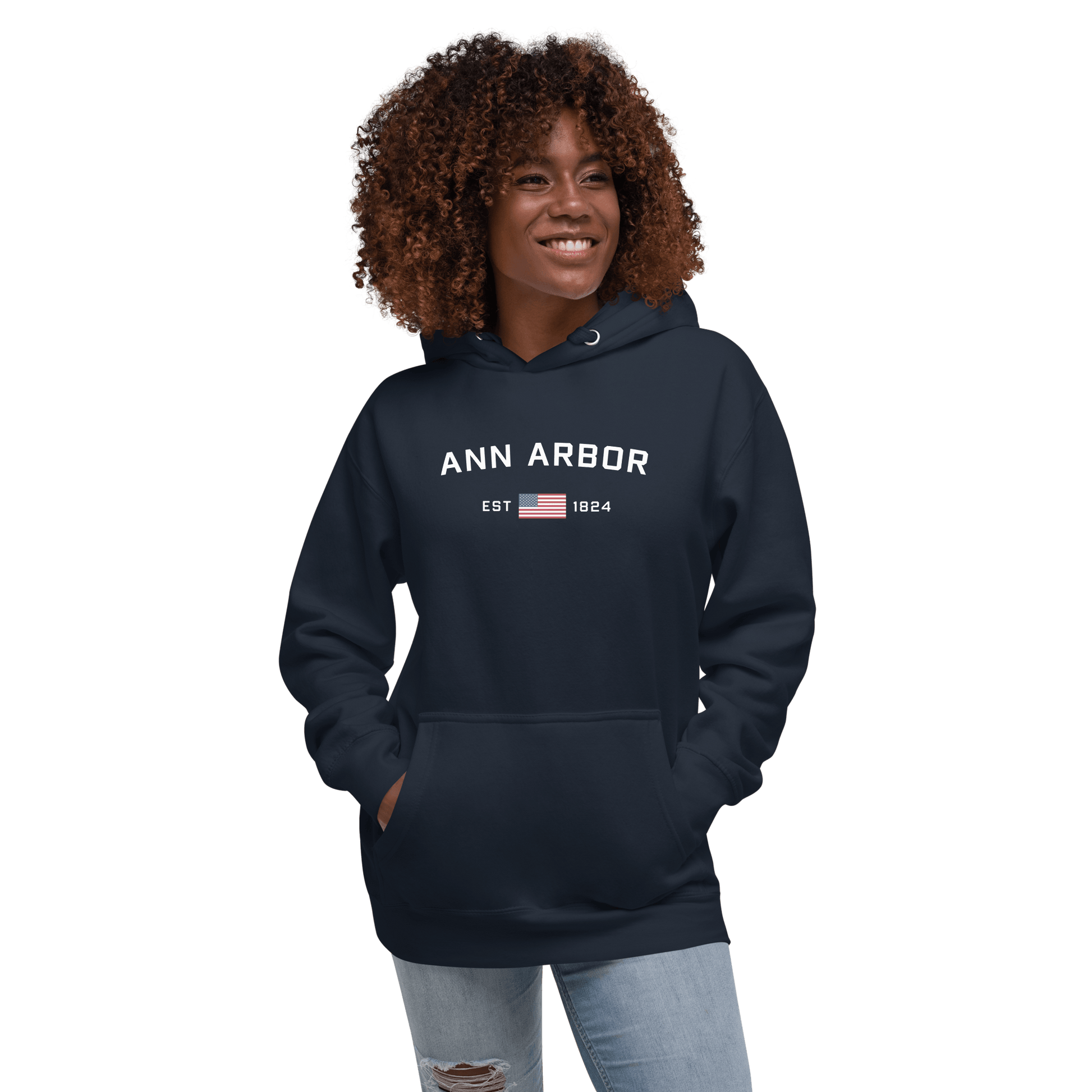 'Ann Arbor EST 1824' Hoodie (w/ USA Flag Outline) | Unisex Premium - Circumspice Michigan