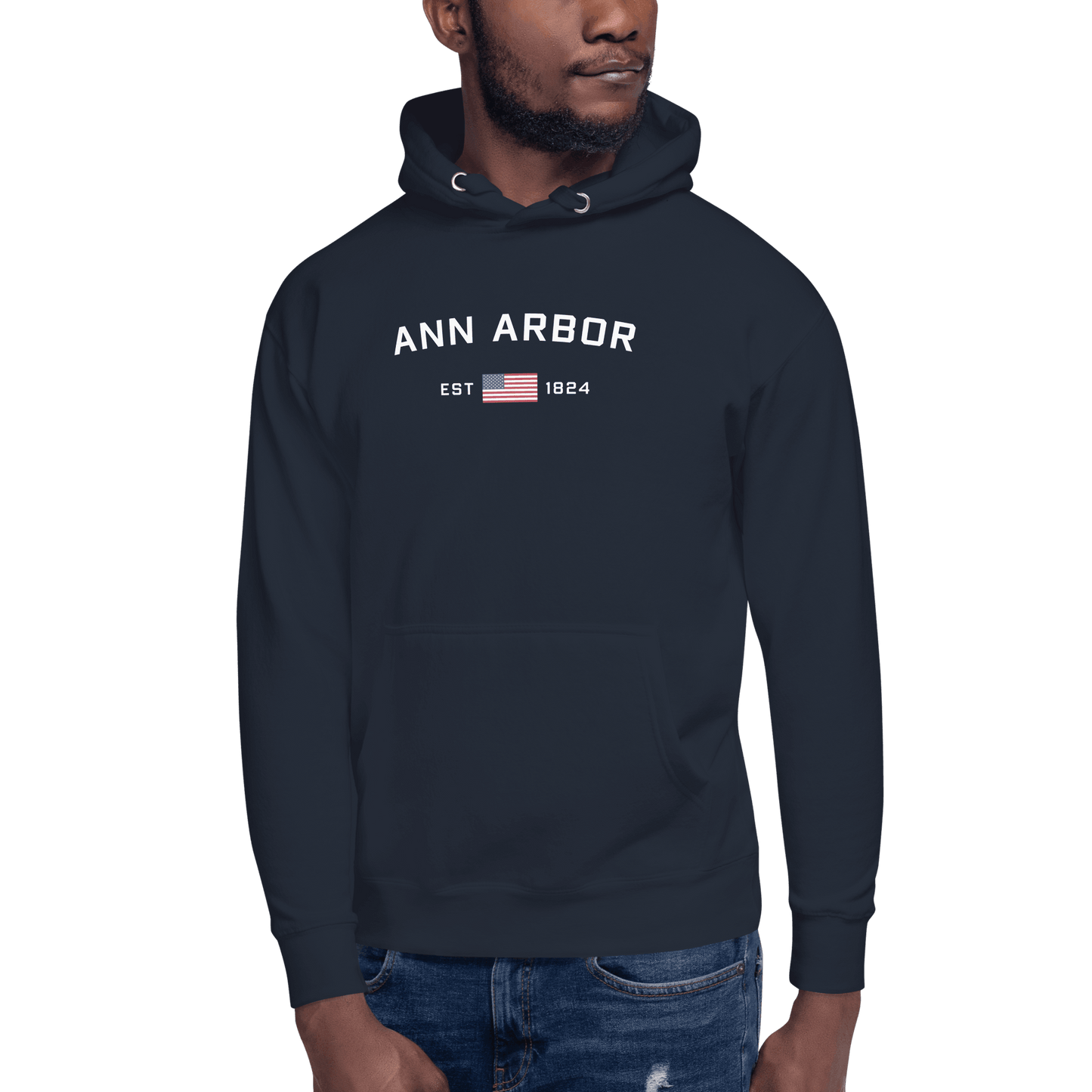 'Ann Arbor EST 1824' Hoodie (w/ USA Flag Outline) | Unisex Premium - Circumspice Michigan