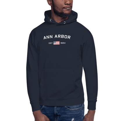 'Ann Arbor EST 1824' Hoodie (w/ USA Flag Outline) | Unisex Premium - Circumspice Michigan