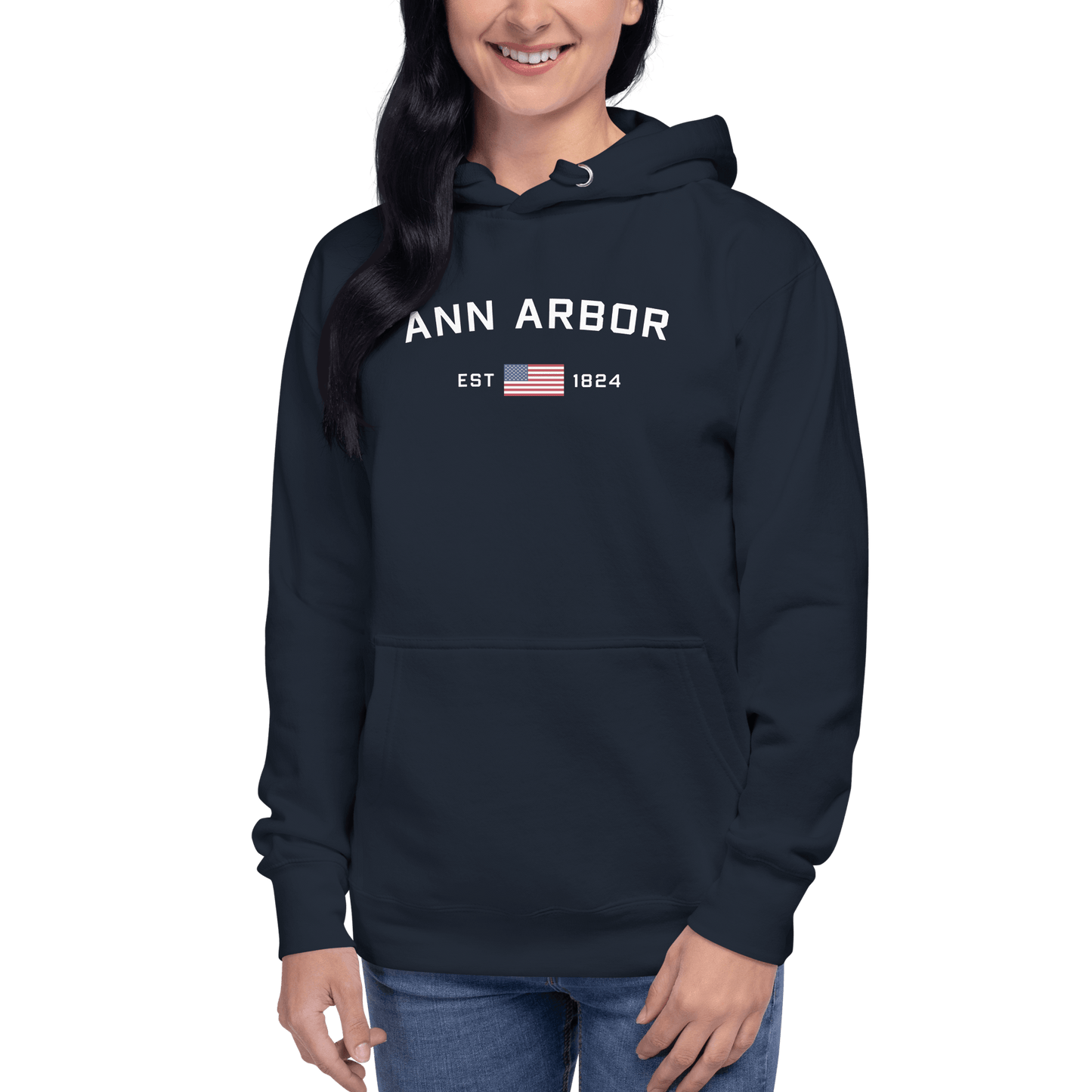 'Ann Arbor EST 1824' Hoodie (w/ USA Flag Outline) | Unisex Premium - Circumspice Michigan