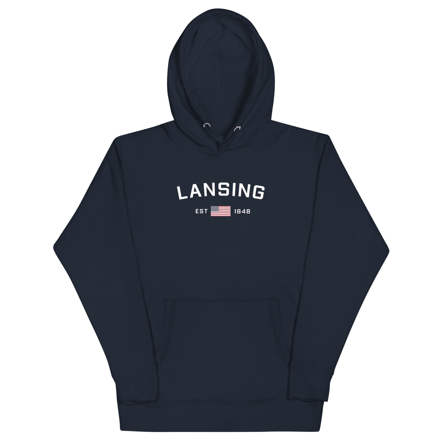 'Lansing EST 1848' Hoodie (w/. USA Flag Outline) | Unisex Premium - Circumspice Michigan