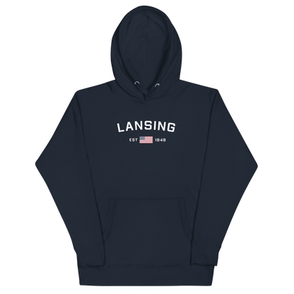 'Lansing EST 1848' Hoodie (w/. USA Flag Outline) | Unisex Premium - Circumspice Michigan