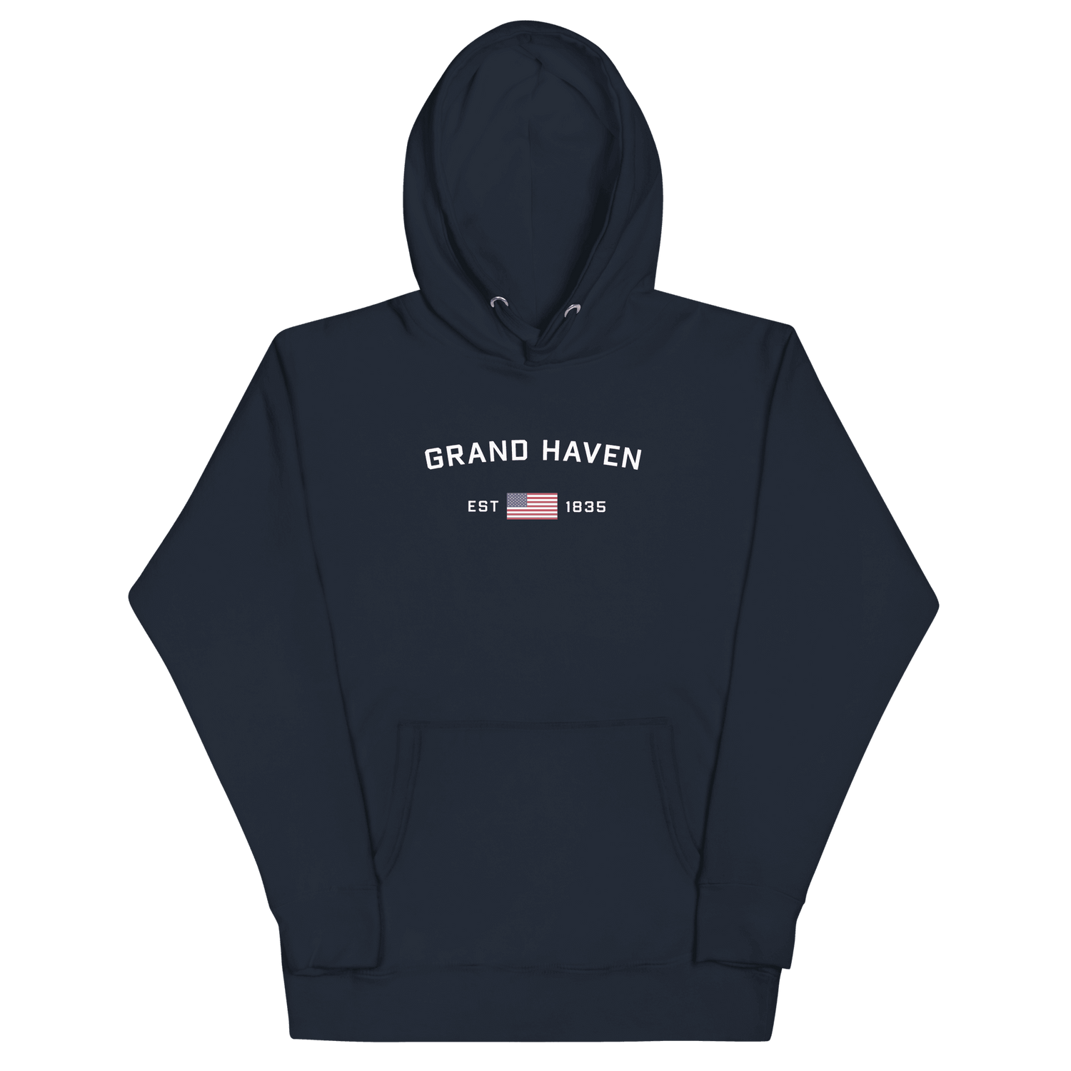 'Grand Haven EST 1835' Hoodie (w/ USA Flag Outline) | Unisex Premium - Circumspice Michigan