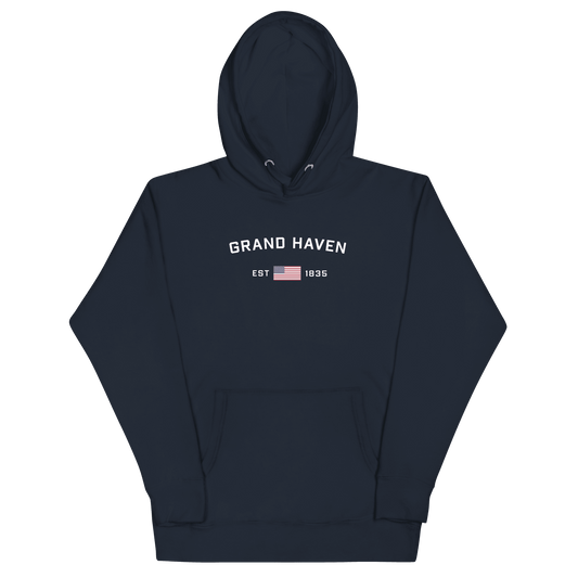 'Grand Haven EST 1835' Hoodie (w/ USA Flag Outline) | Unisex Premium - Circumspice Michigan