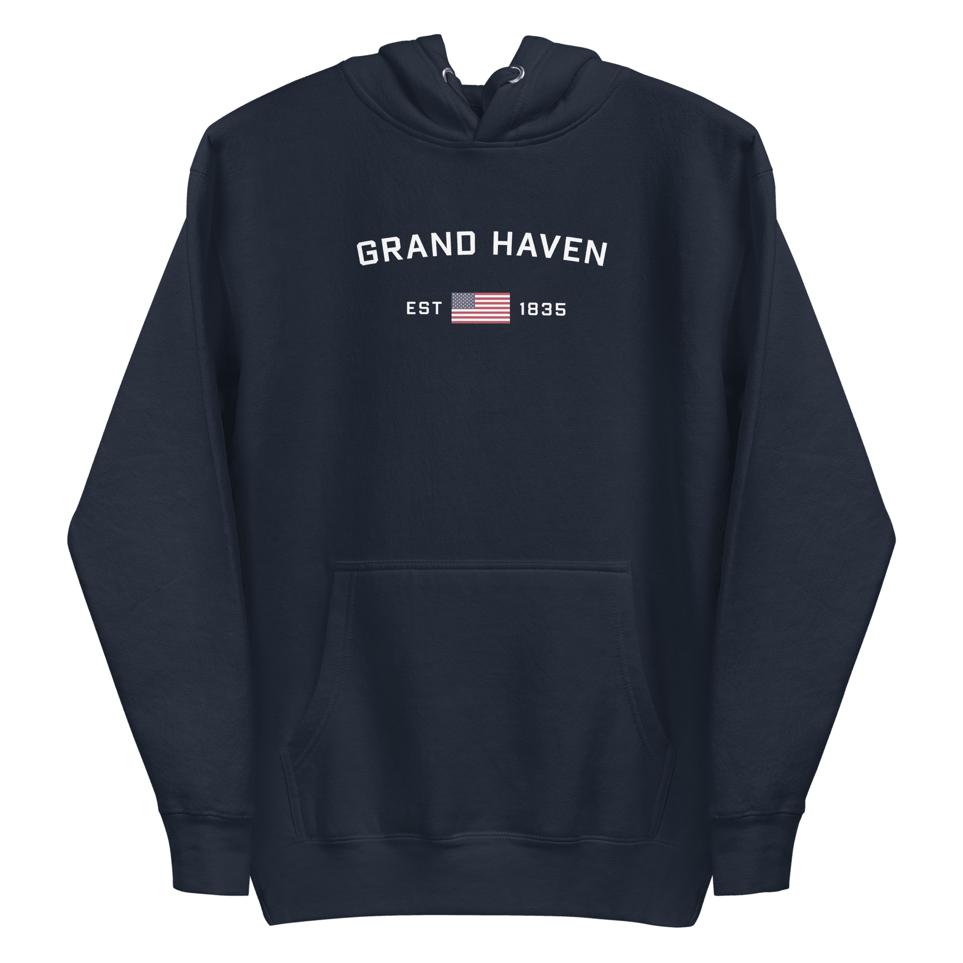 'Grand Haven EST 1835' Hoodie (w/ USA Flag Outline) | Unisex Premium - Circumspice Michigan