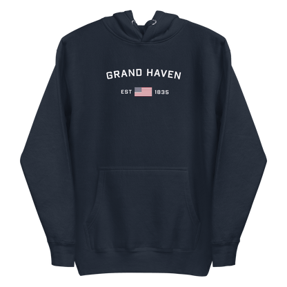 'Grand Haven EST 1835' Hoodie (w/ USA Flag Outline) | Unisex Premium - Circumspice Michigan