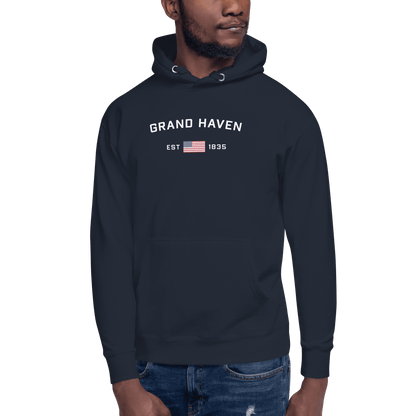 'Grand Haven EST 1835' Hoodie (w/ USA Flag Outline) | Unisex Premium - Circumspice Michigan