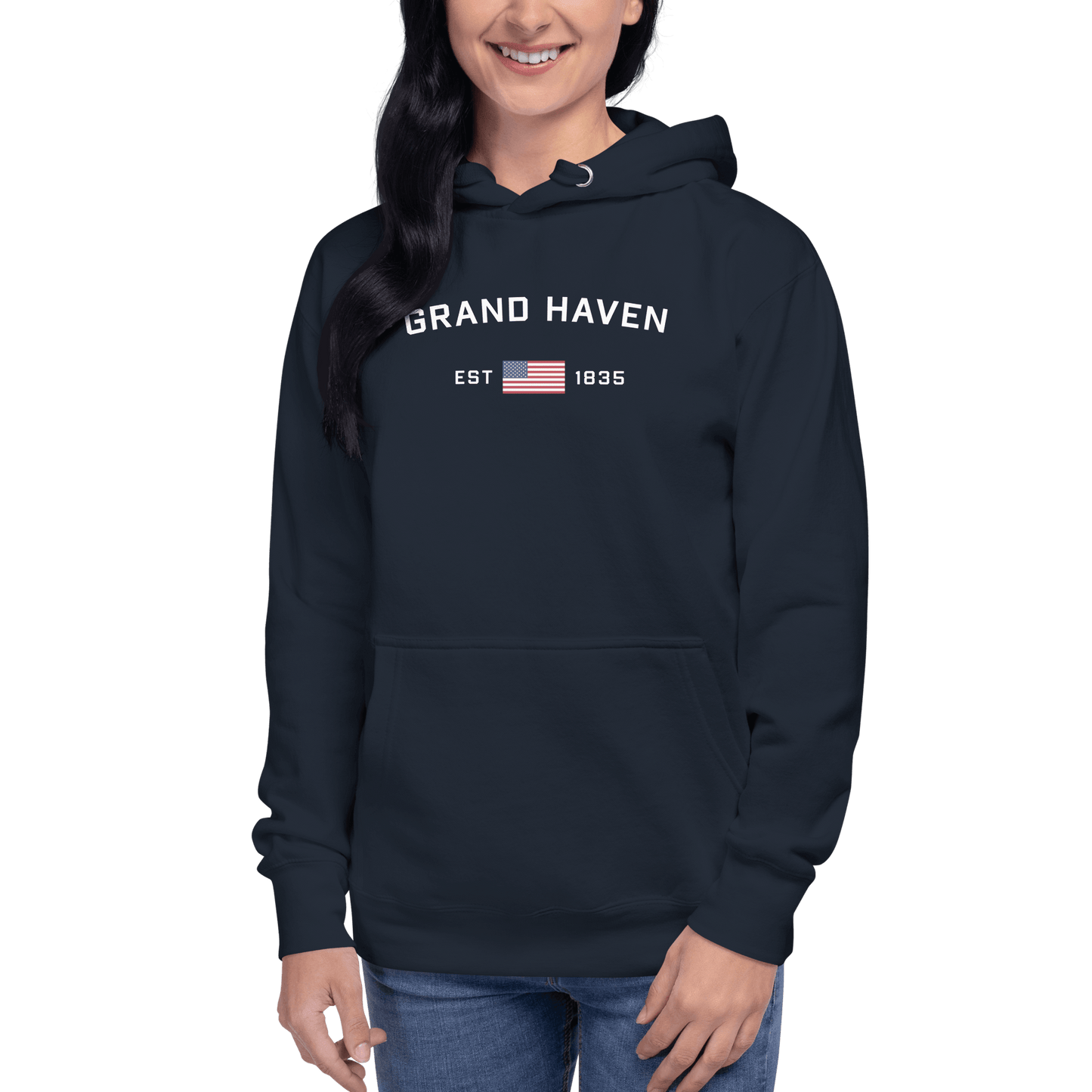 'Grand Haven EST 1835' Hoodie (w/ USA Flag Outline) | Unisex Premium - Circumspice Michigan