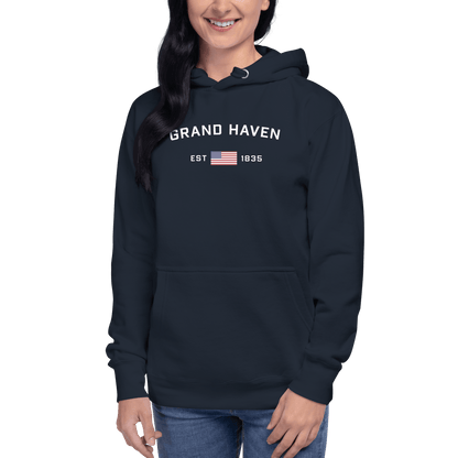 'Grand Haven EST 1835' Hoodie (w/ USA Flag Outline) | Unisex Premium - Circumspice Michigan