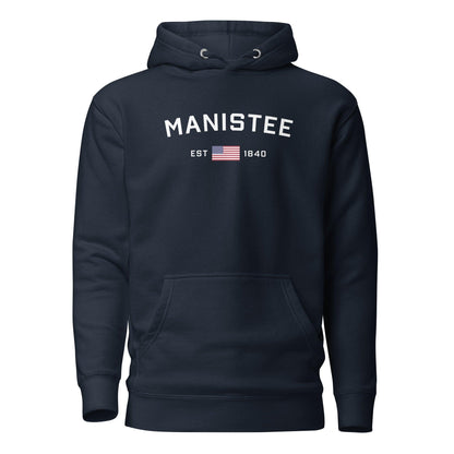 'Manistee EST 1840' Hoodie (w/USA Flag Outline) | Unisex Premium - Circumspice Michigan