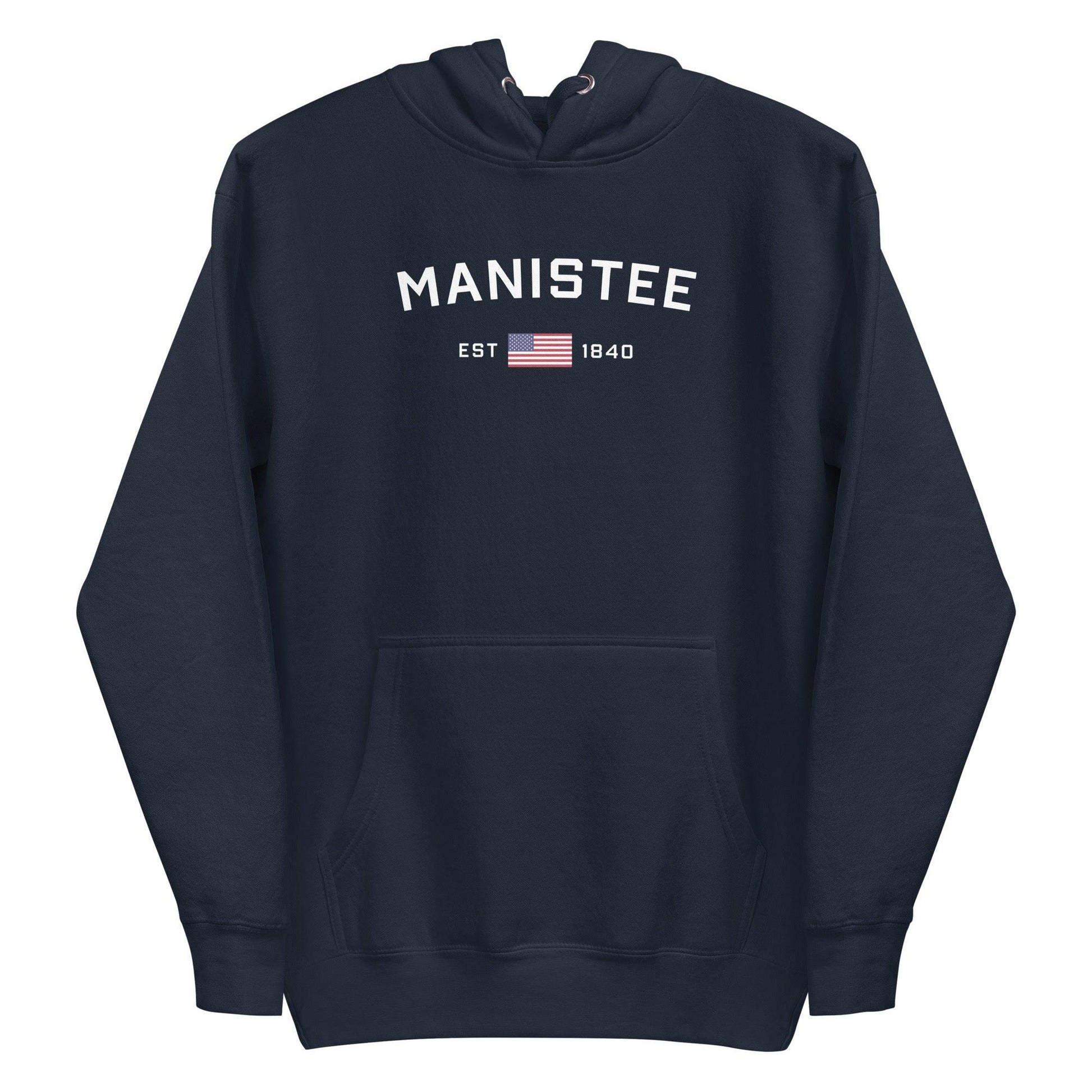 'Manistee EST 1840' Hoodie (w/USA Flag Outline) | Unisex Premium - Circumspice Michigan