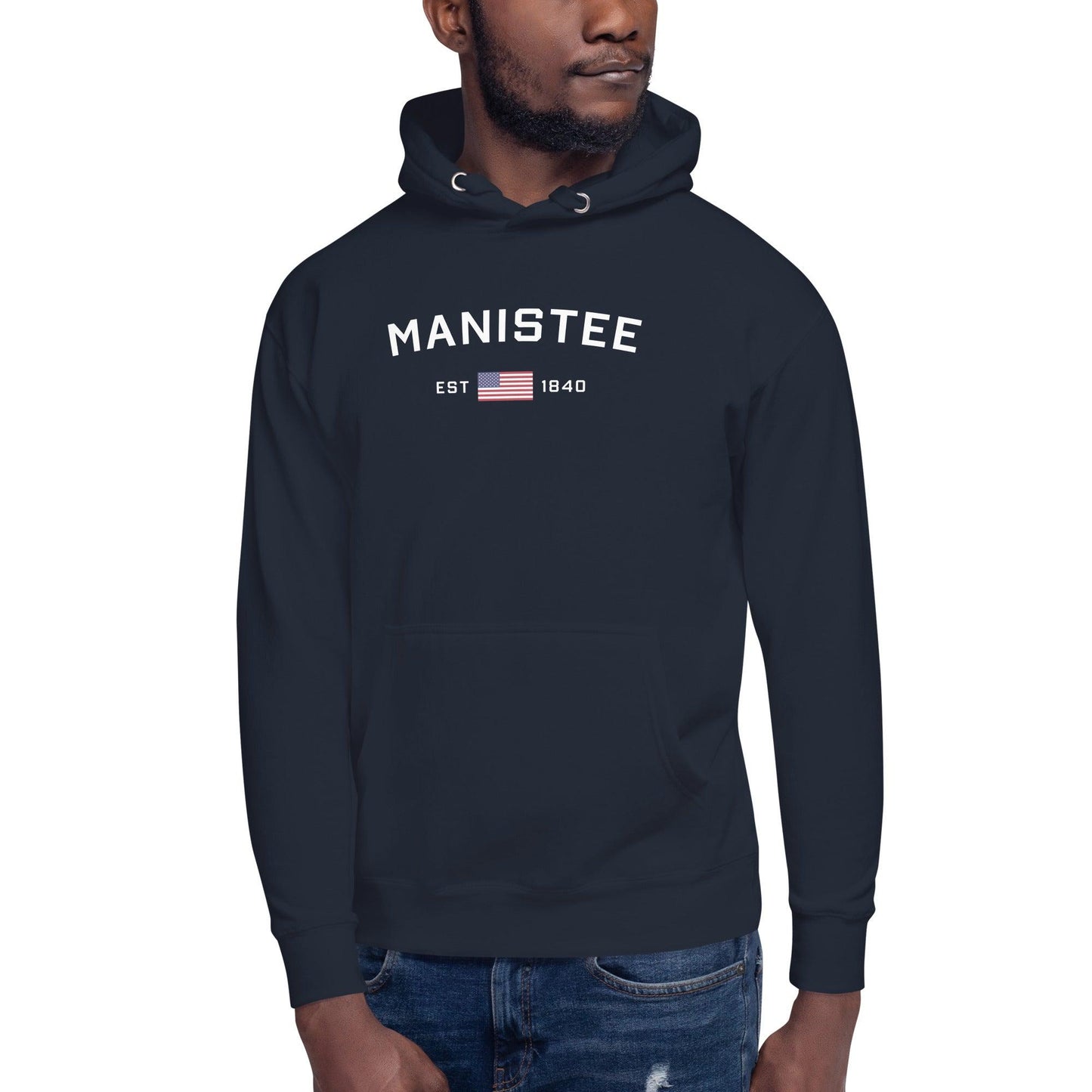 'Manistee EST 1840' Hoodie (w/USA Flag Outline) | Unisex Premium - Circumspice Michigan