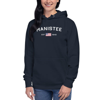 'Manistee EST 1840' Hoodie (w/USA Flag Outline) | Unisex Premium - Circumspice Michigan