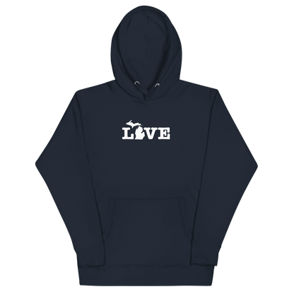 Michigan 'Love' Hoodie (Typewriter Font w/MI Outline) | Unisex Premium - Circumspice Michigan