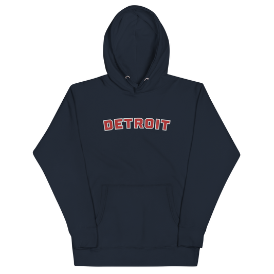 'Detroit' Unisex Premium Hoodie (Athletic Font) | Red Embroidery