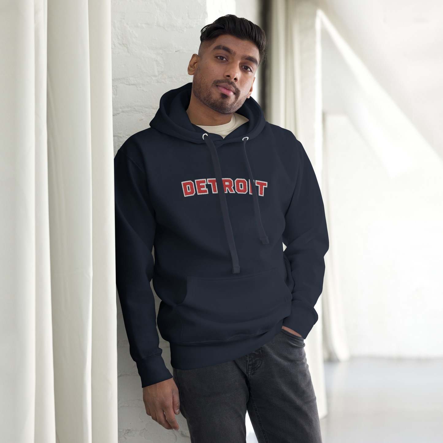 'Detroit' Unisex Premium Hoodie (Athletic Font) | Red Embroidery