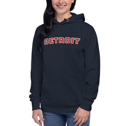 'Detroit' Unisex Premium Hoodie (Athletic Font) | Red Embroidery