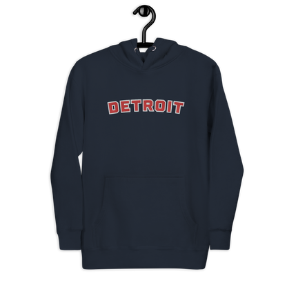 'Detroit' Unisex Premium Hoodie (Athletic Font) | Red Embroidery