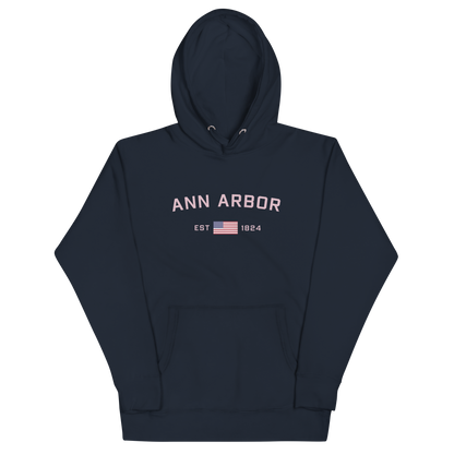 'Ann Arbor 1824' Unisex Premium Hoodie (Pink Type w/USA Flag Outline)