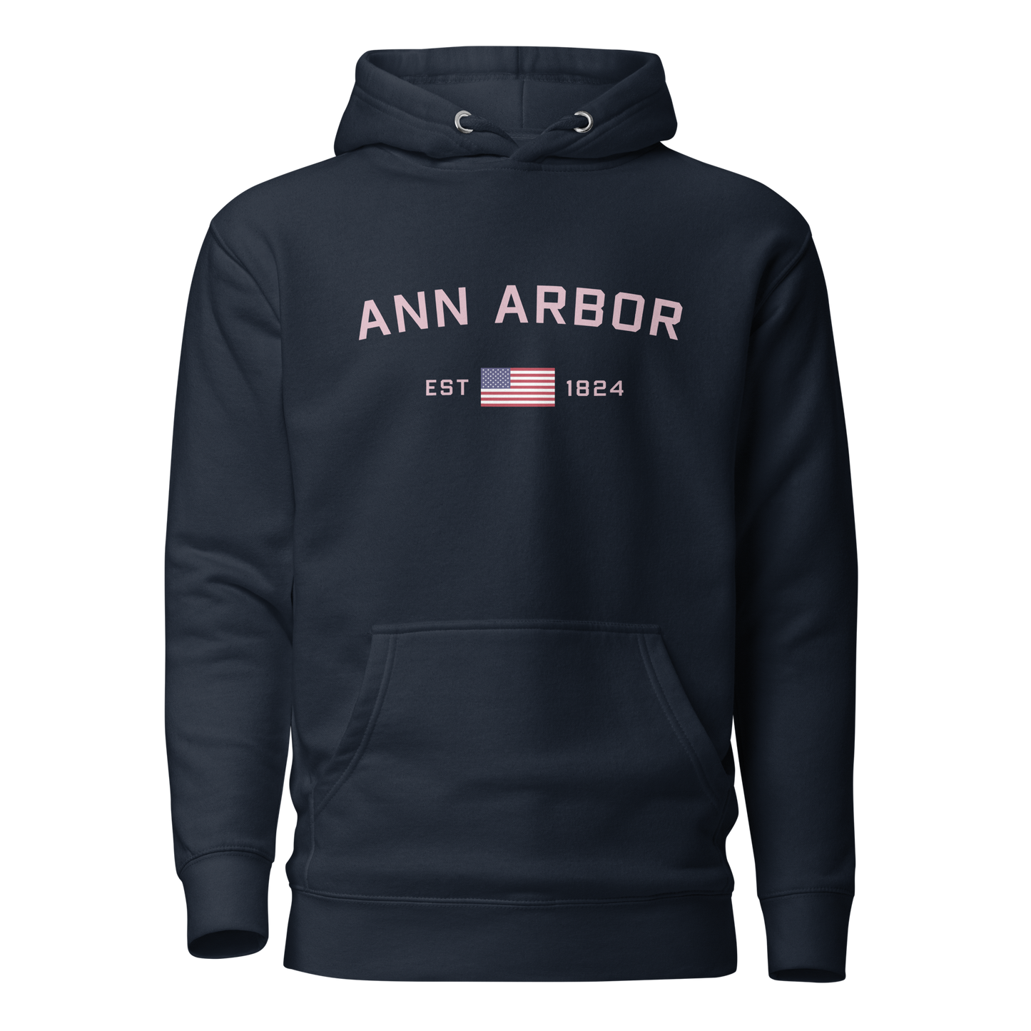 'Ann Arbor 1824' Unisex Premium Hoodie (Pink Type w/USA Flag Outline)