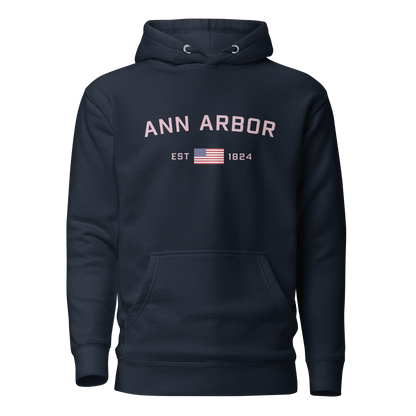 'Ann Arbor 1824' Unisex Premium Hoodie (Pink Type w/USA Flag Outline)