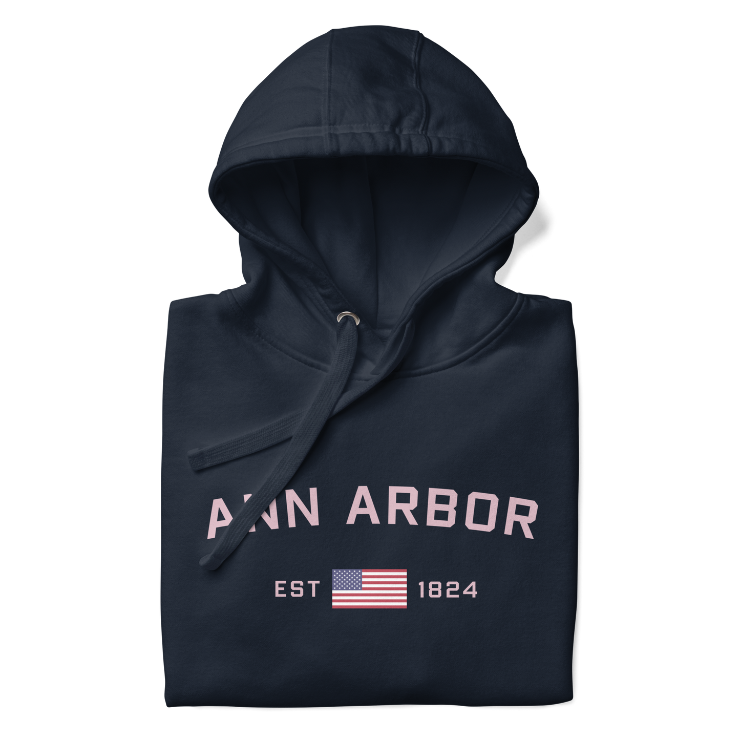 'Ann Arbor 1824' Unisex Premium Hoodie (Pink Type w/USA Flag Outline)