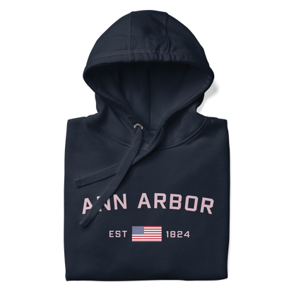 'Ann Arbor 1824' Unisex Premium Hoodie (Pink Type w/USA Flag Outline)