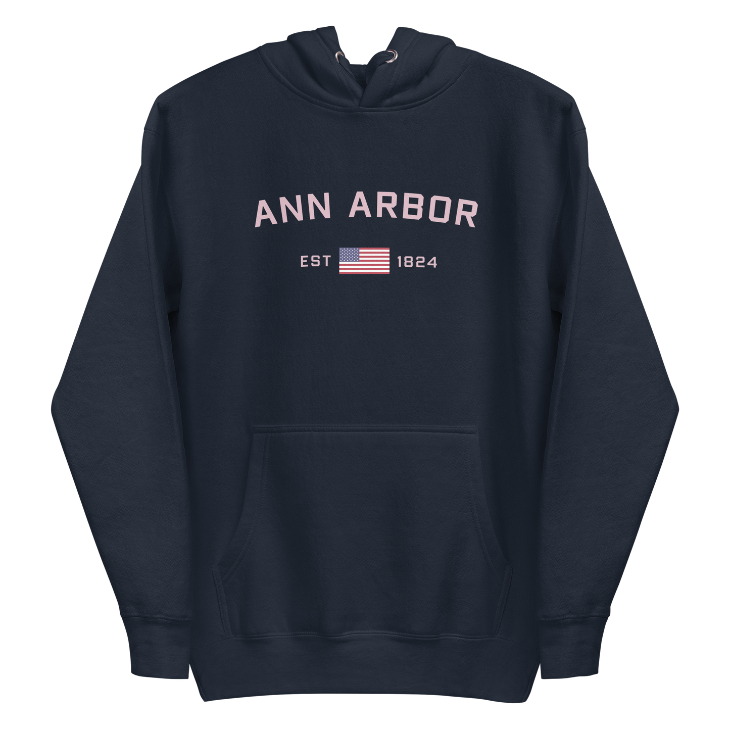 'Ann Arbor 1824' Unisex Premium Hoodie (Pink Type w/USA Flag Outline)