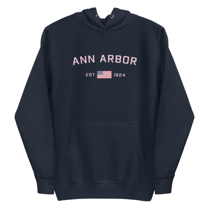 'Ann Arbor 1824' Unisex Premium Hoodie (Pink Type w/USA Flag Outline)