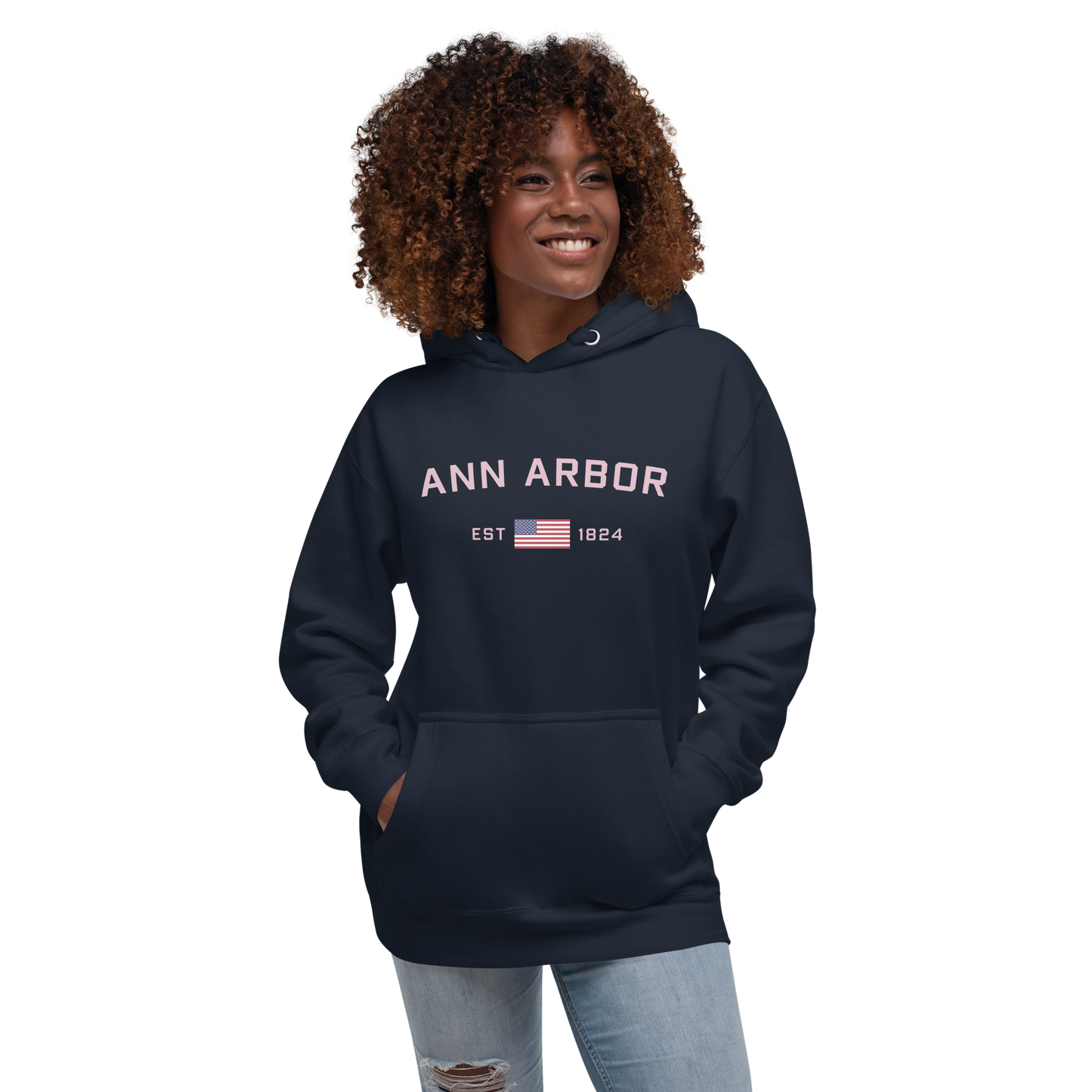 'Ann Arbor 1824' Unisex Premium Hoodie (Pink Type w/USA Flag Outline)