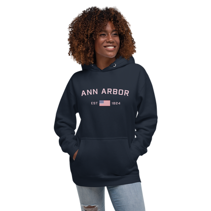 'Ann Arbor 1824' Unisex Premium Hoodie (Pink Type w/USA Flag Outline)