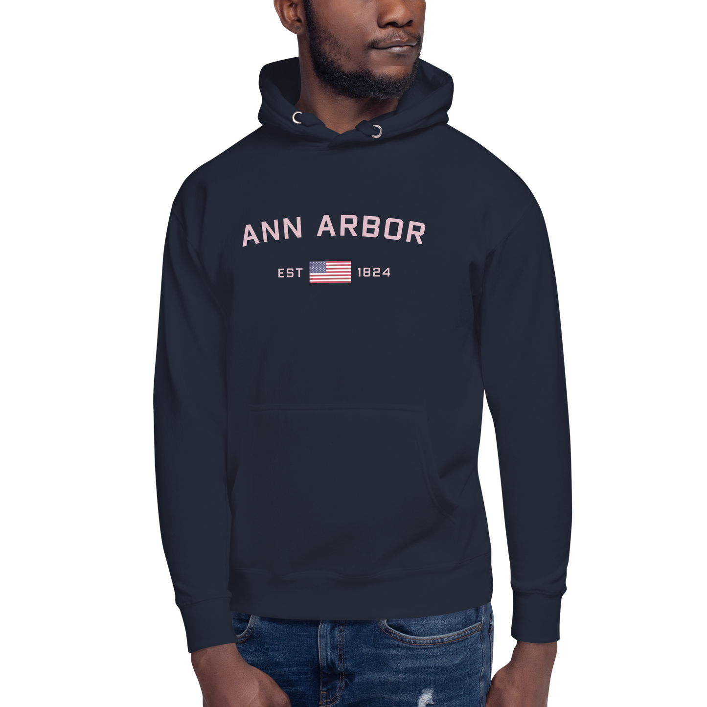 'Ann Arbor 1824' Unisex Premium Hoodie (Pink Type w/USA Flag Outline)