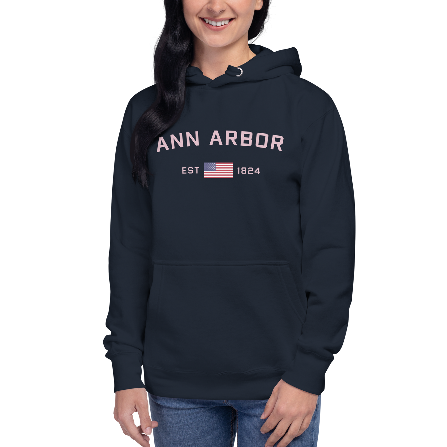 'Ann Arbor 1824' Unisex Premium Hoodie (Pink Type w/USA Flag Outline)