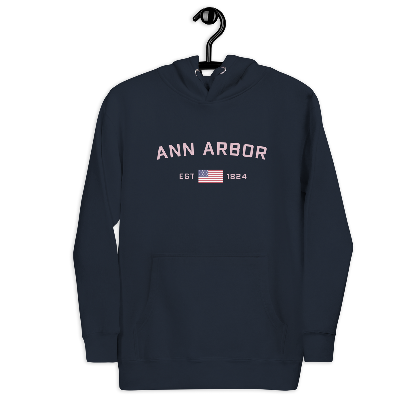 'Ann Arbor 1824' Unisex Premium Hoodie (Pink Type w/USA Flag Outline)