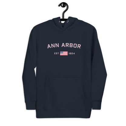 'Ann Arbor 1824' Unisex Premium Hoodie (Pink Type w/USA Flag Outline)