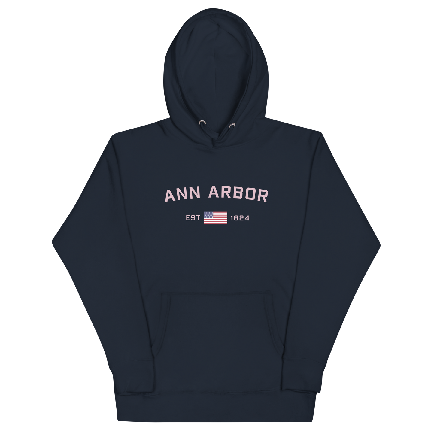 'Ann Arbor 1824' Unisex Premium Hoodie (Pink Type w/USA Flag Outline)