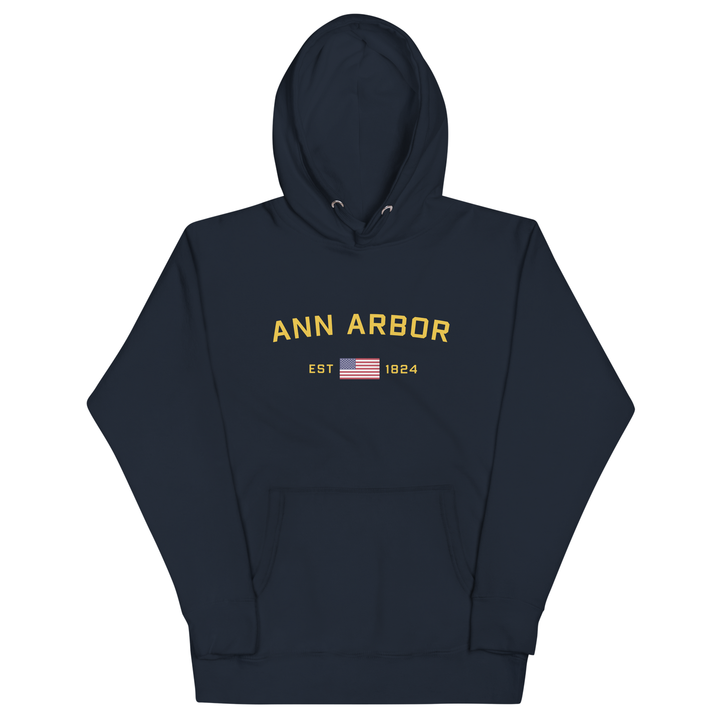 'Ann Arbor EST 1824' Unisex Premium Hoodie (Gold Type w/USA Flag Outline)