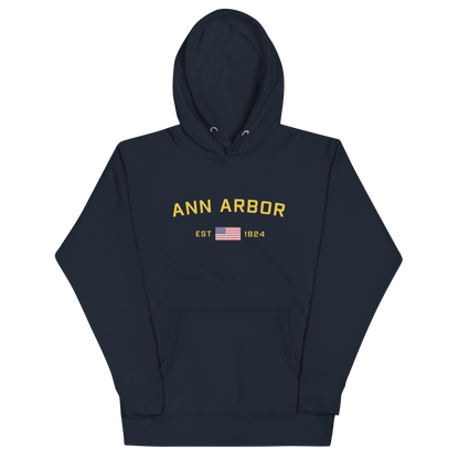 'Ann Arbor EST 1824' Unisex Premium Hoodie (Gold Type w/USA Flag Outline)