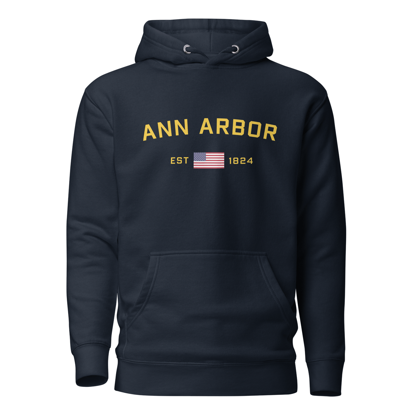 'Ann Arbor EST 1824' Unisex Premium Hoodie (Gold Type w/USA Flag Outline)