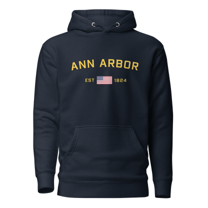 'Ann Arbor EST 1824' Unisex Premium Hoodie (Gold Type w/USA Flag Outline)