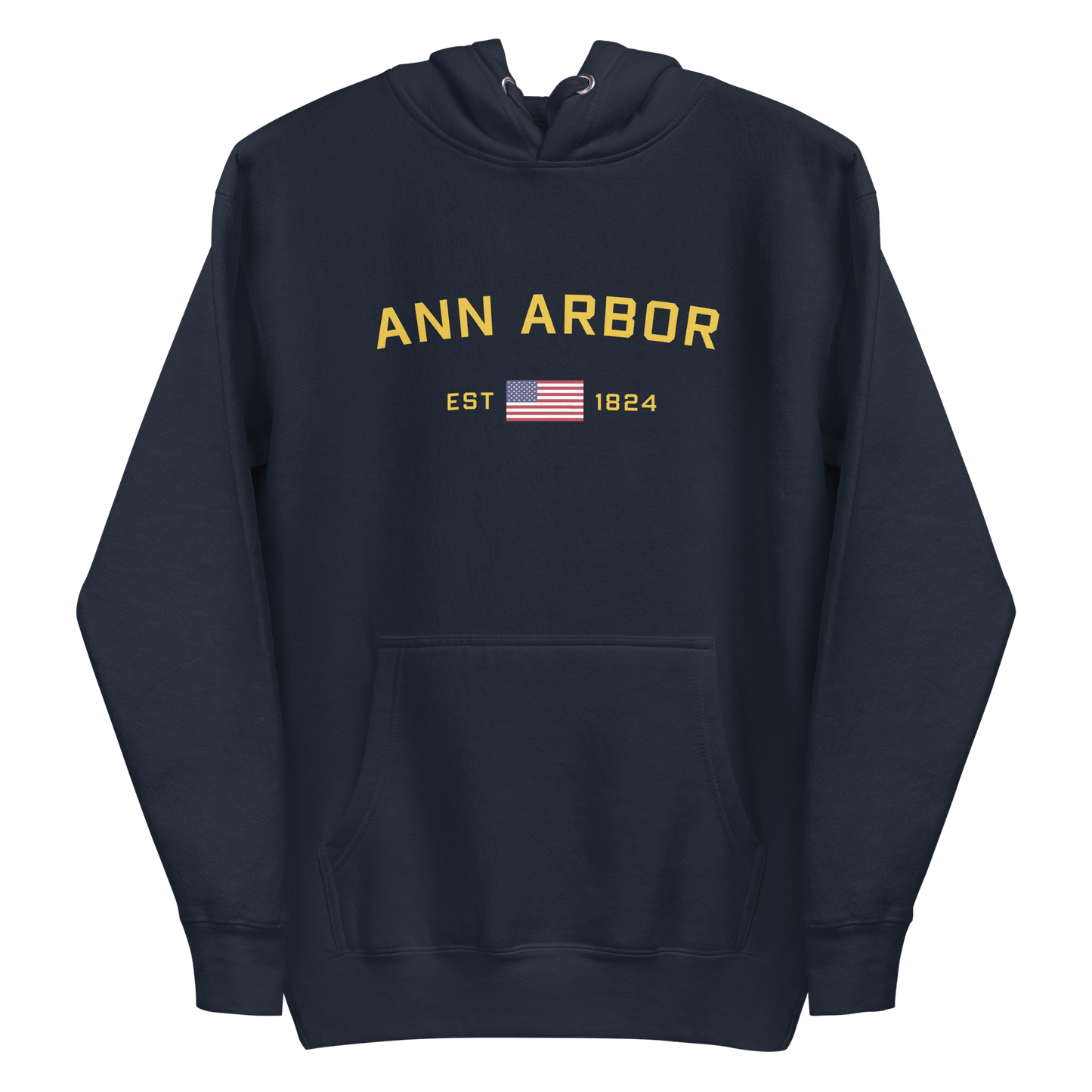 'Ann Arbor EST 1824' Unisex Premium Hoodie (Gold Type w/USA Flag Outline)