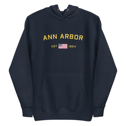 'Ann Arbor EST 1824' Unisex Premium Hoodie (Gold Type w/USA Flag Outline)