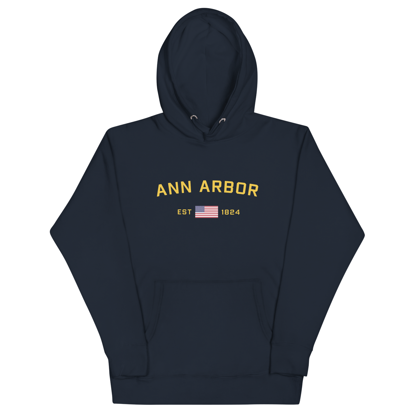 'Ann Arbor EST 1824' Unisex Premium Hoodie (Gold Type w/USA Flag Outline)