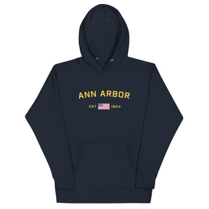 'Ann Arbor EST 1824' Unisex Premium Hoodie (Gold Type w/USA Flag Outline)