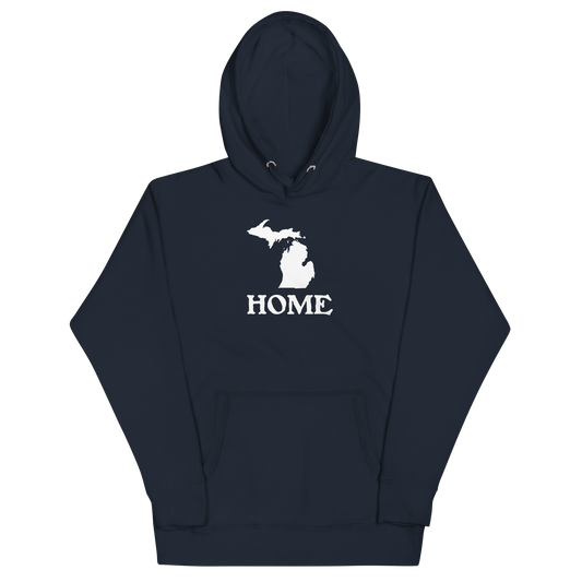 Michigan 'Home' Unisex Premium Hoodie (Woodcut Font w/ MI Outline)